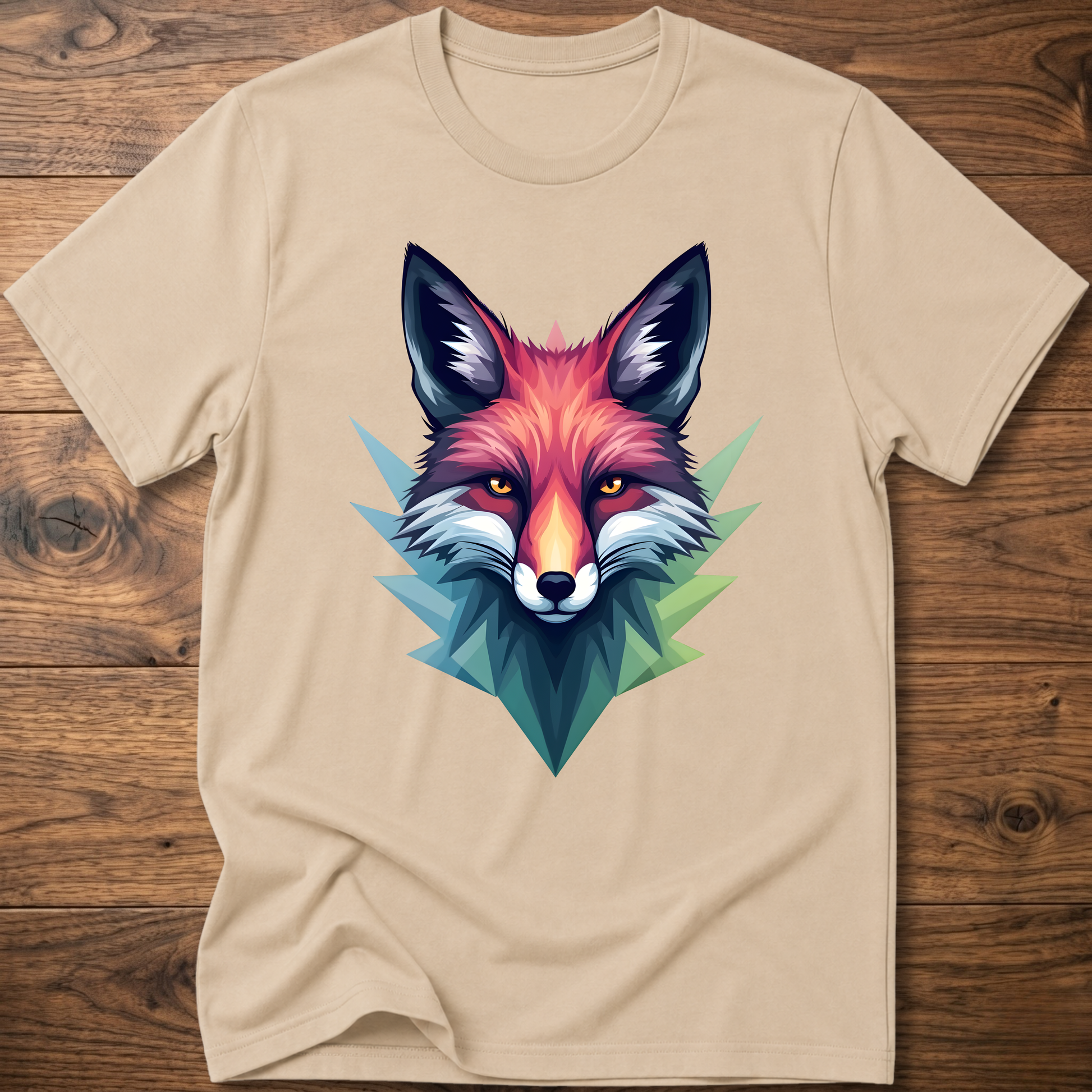 Light beige crewneck T-shirt with colorful fox head graphic in a geometric triangle