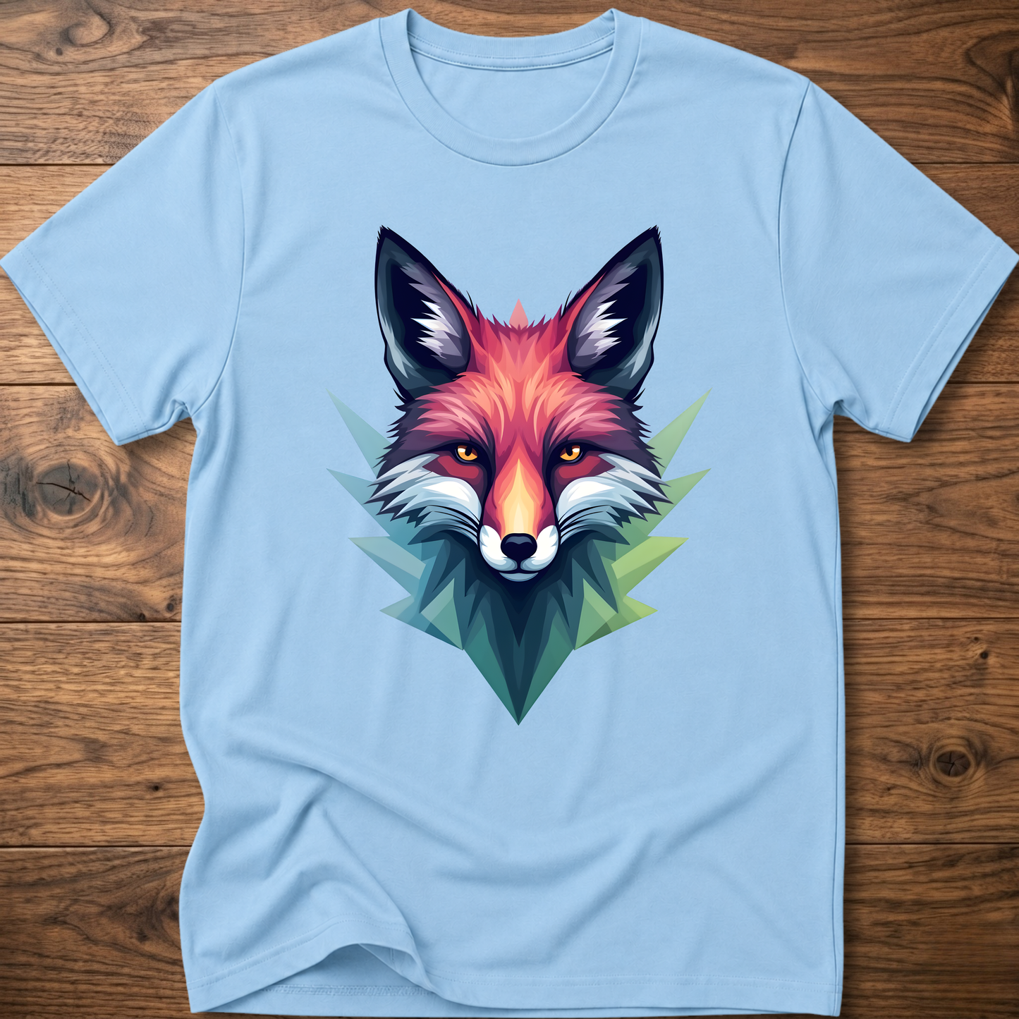 Light blue crewneck T-shirt with colorful fox head graphic in a geometric triangle