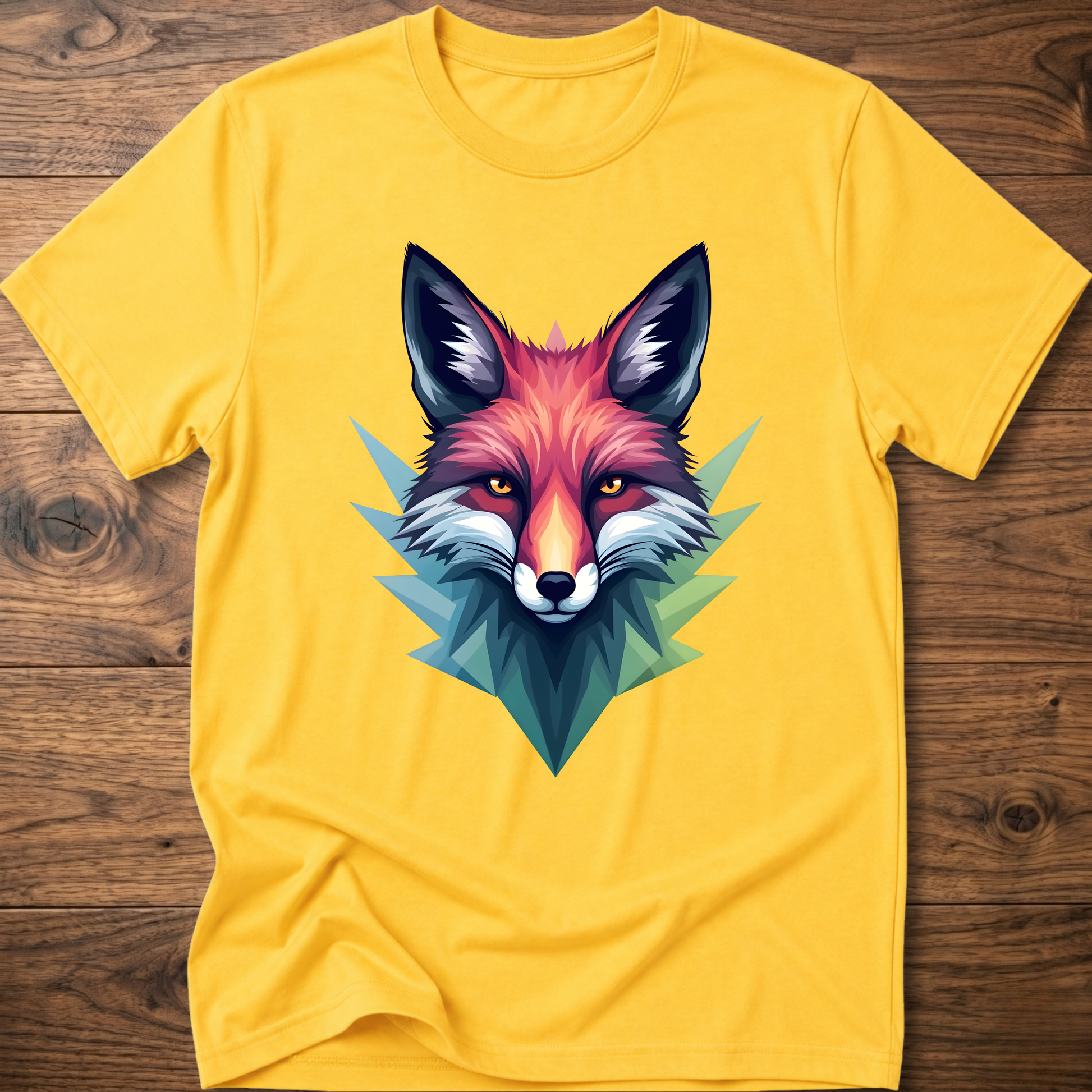 Yellow crewneck T-shirt with colorful fox head graphic in a geometric triangle