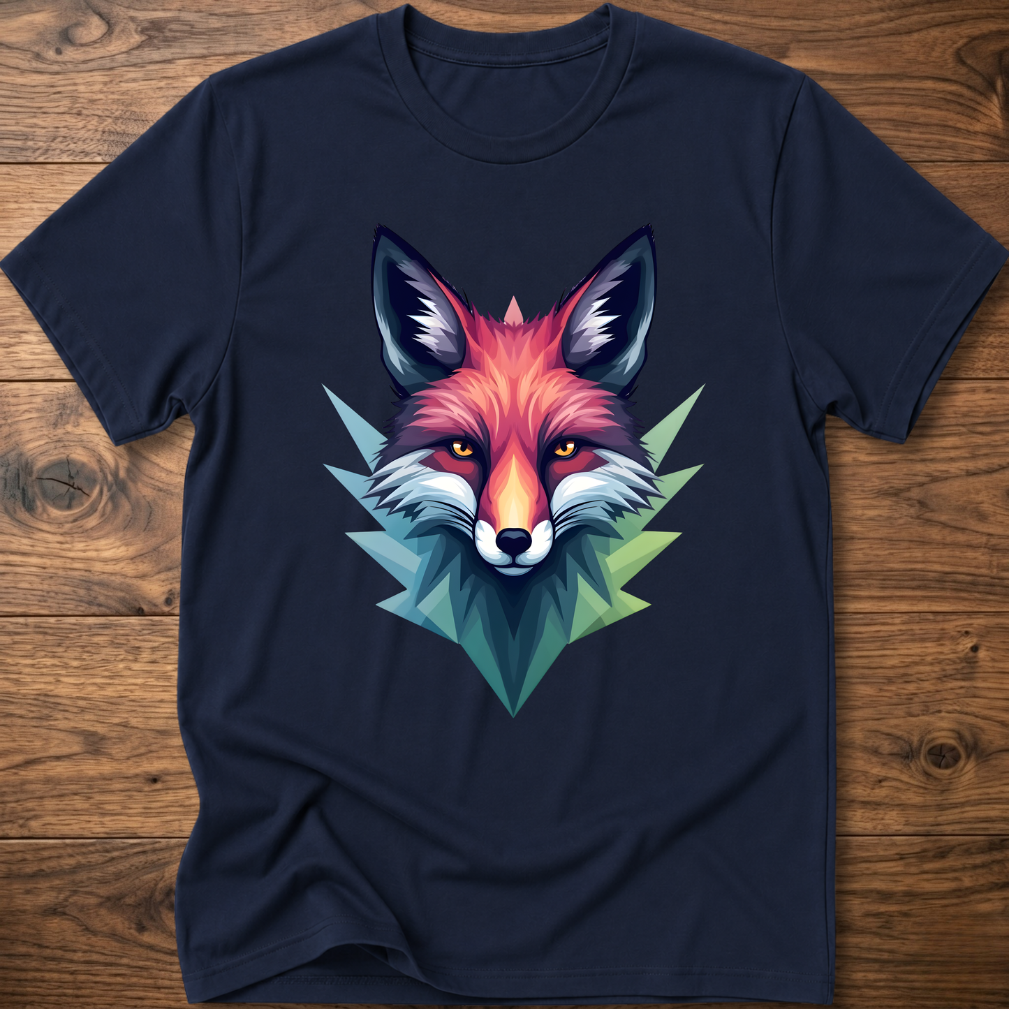 Navy crewneck T-shirt with colorful fox head graphic in a geometric triangle