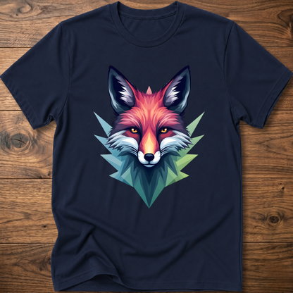 Navy crewneck T-shirt with colorful fox head graphic in a geometric triangle