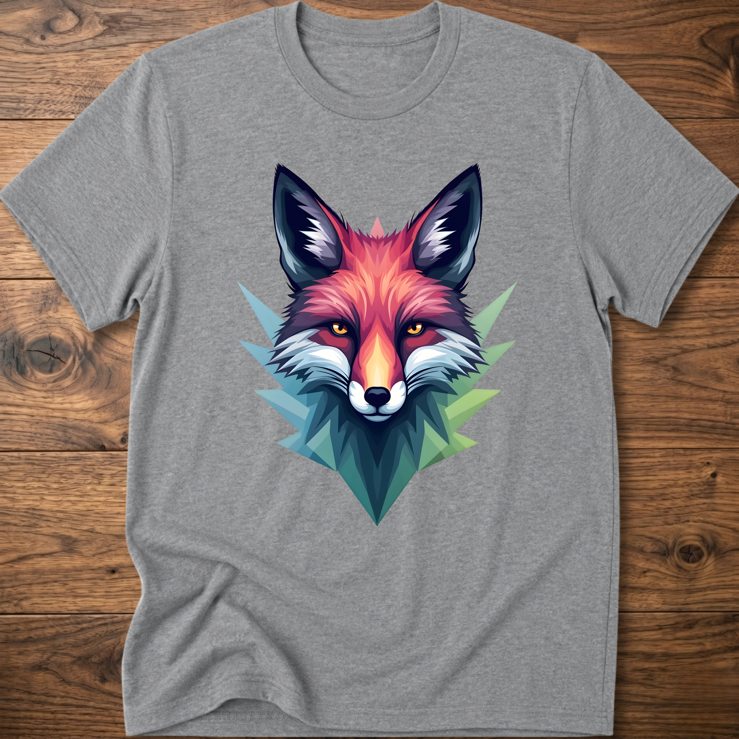 Sport grey crewneck T-shirt with colorful fox head graphic in a geometric triangle