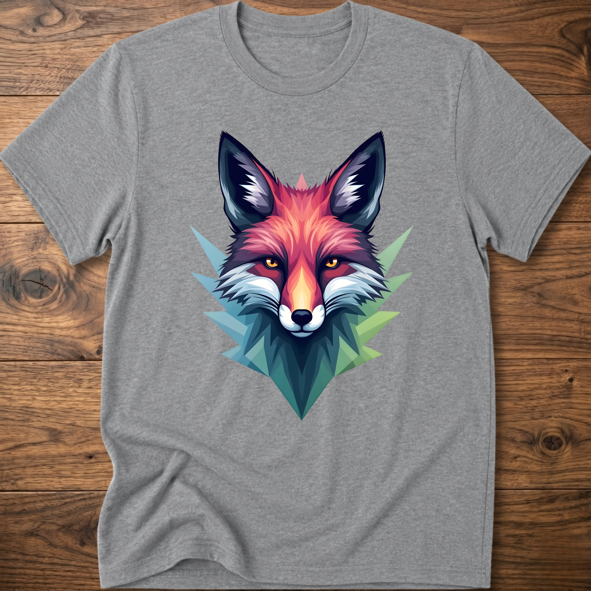 Sport grey crewneck T-shirt with colorful fox head graphic in a geometric triangle