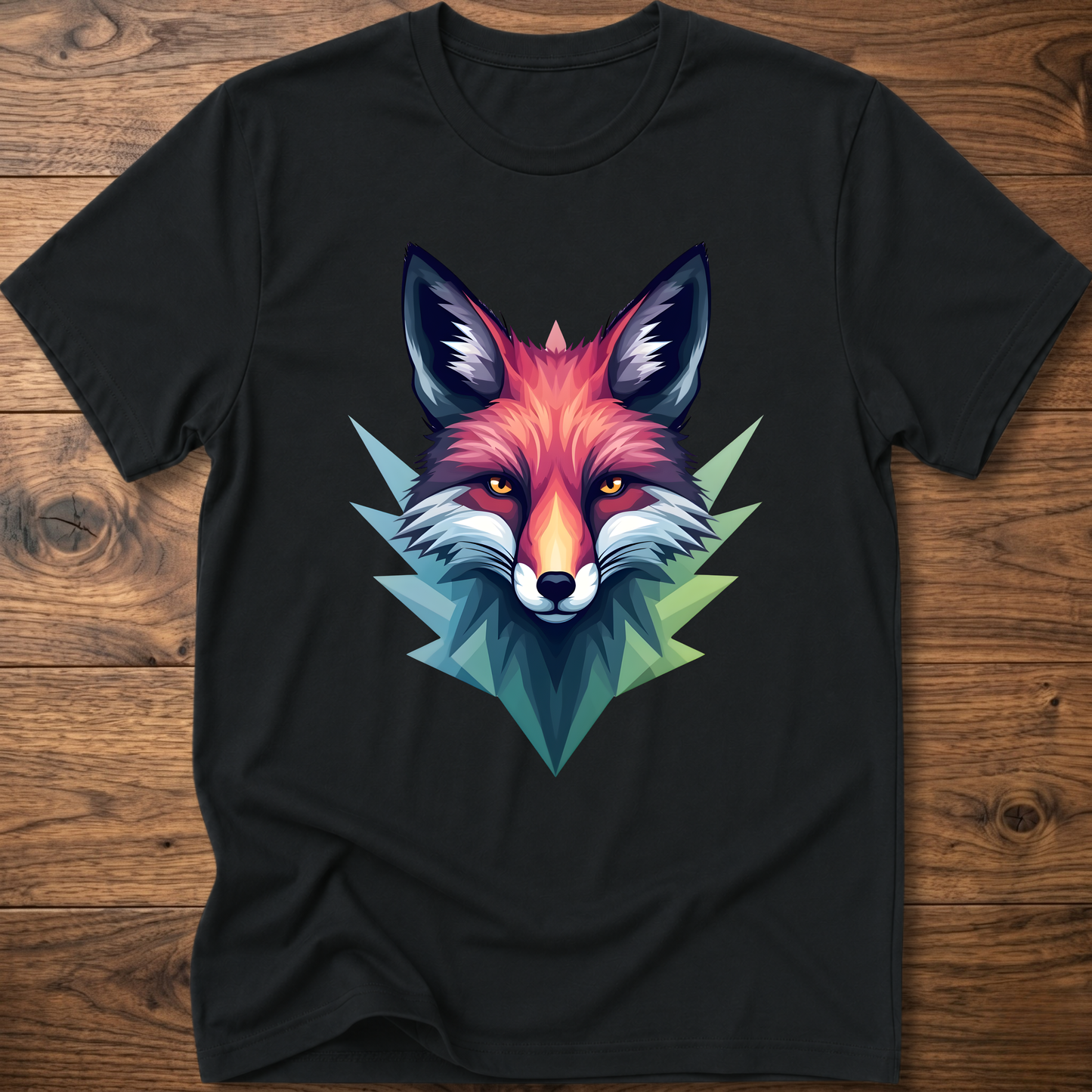 Black crewneck T-shirt with colorful fox head graphic in a geometric triangle