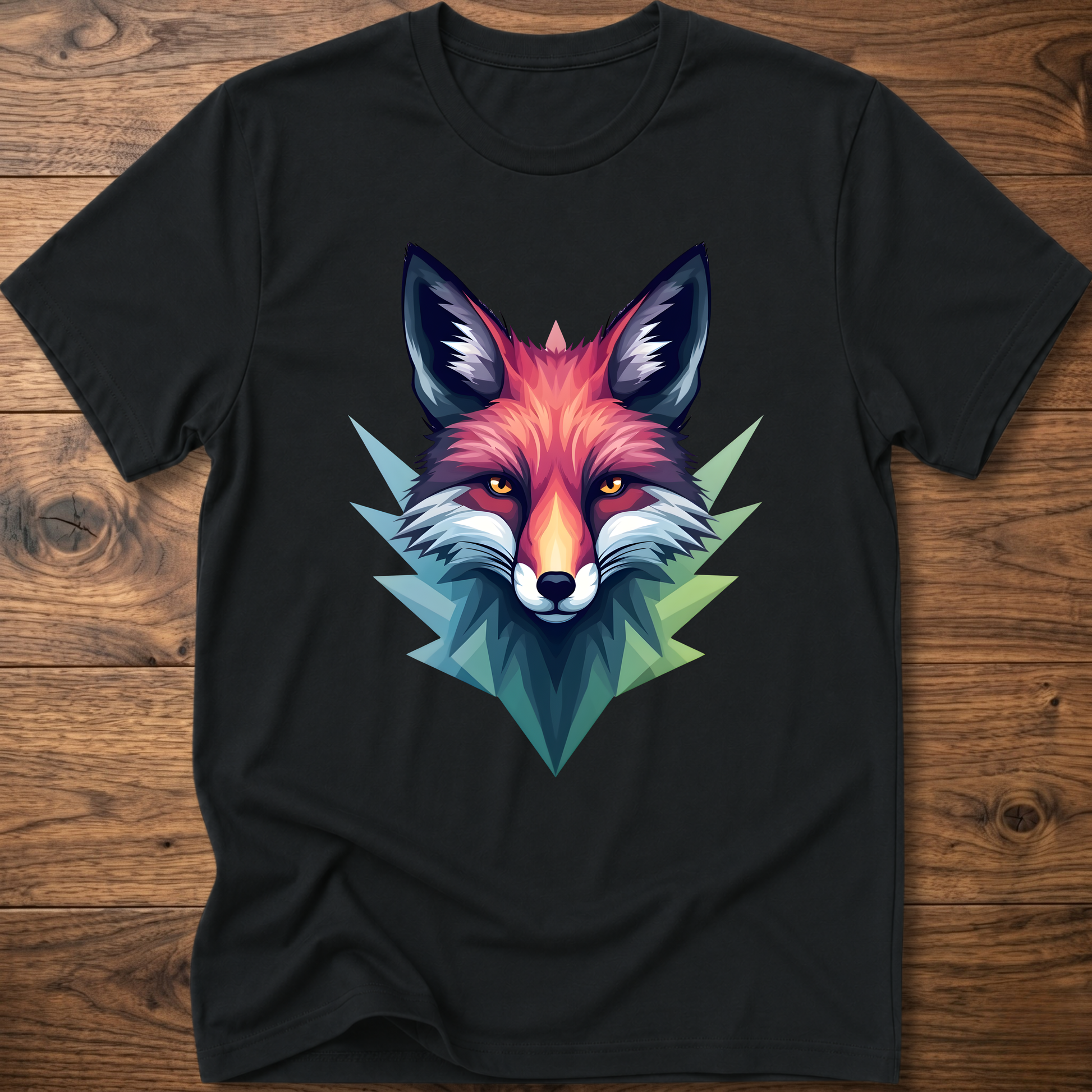 Black crewneck T-shirt with colorful fox head graphic in a geometric triangle