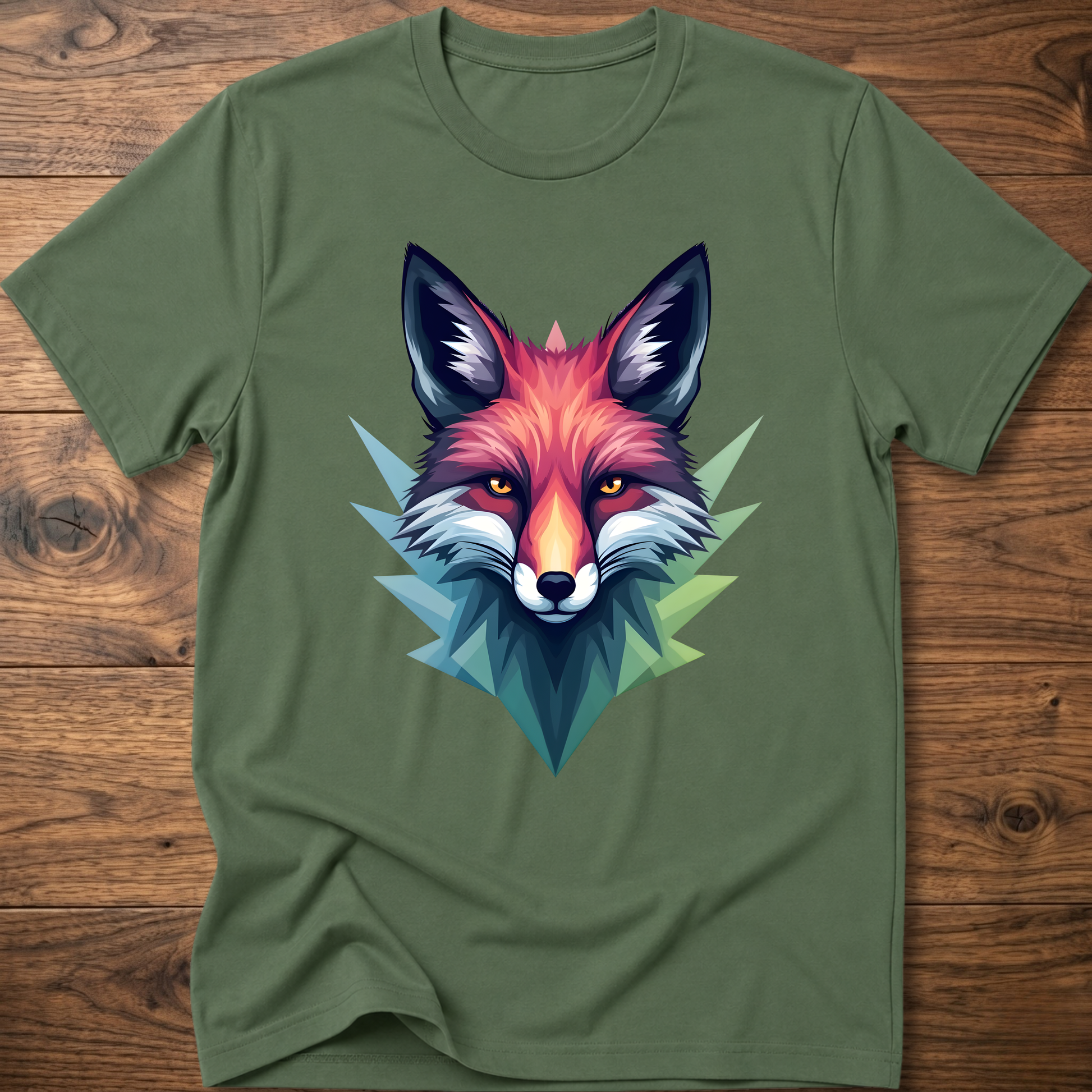 Military green crewneck T-shirt with colorful fox head graphic in a geometric triangle