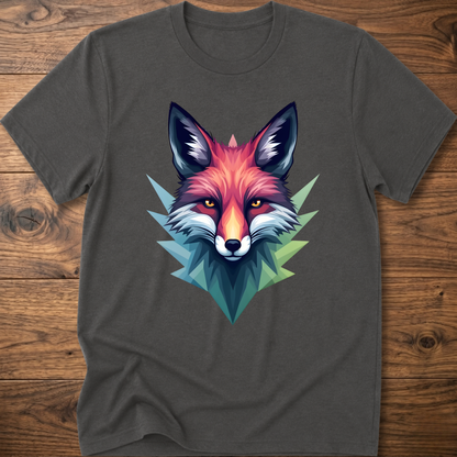 Charcoal gray crewneck T-shirt with colorful fox head graphic in a geometric triangle