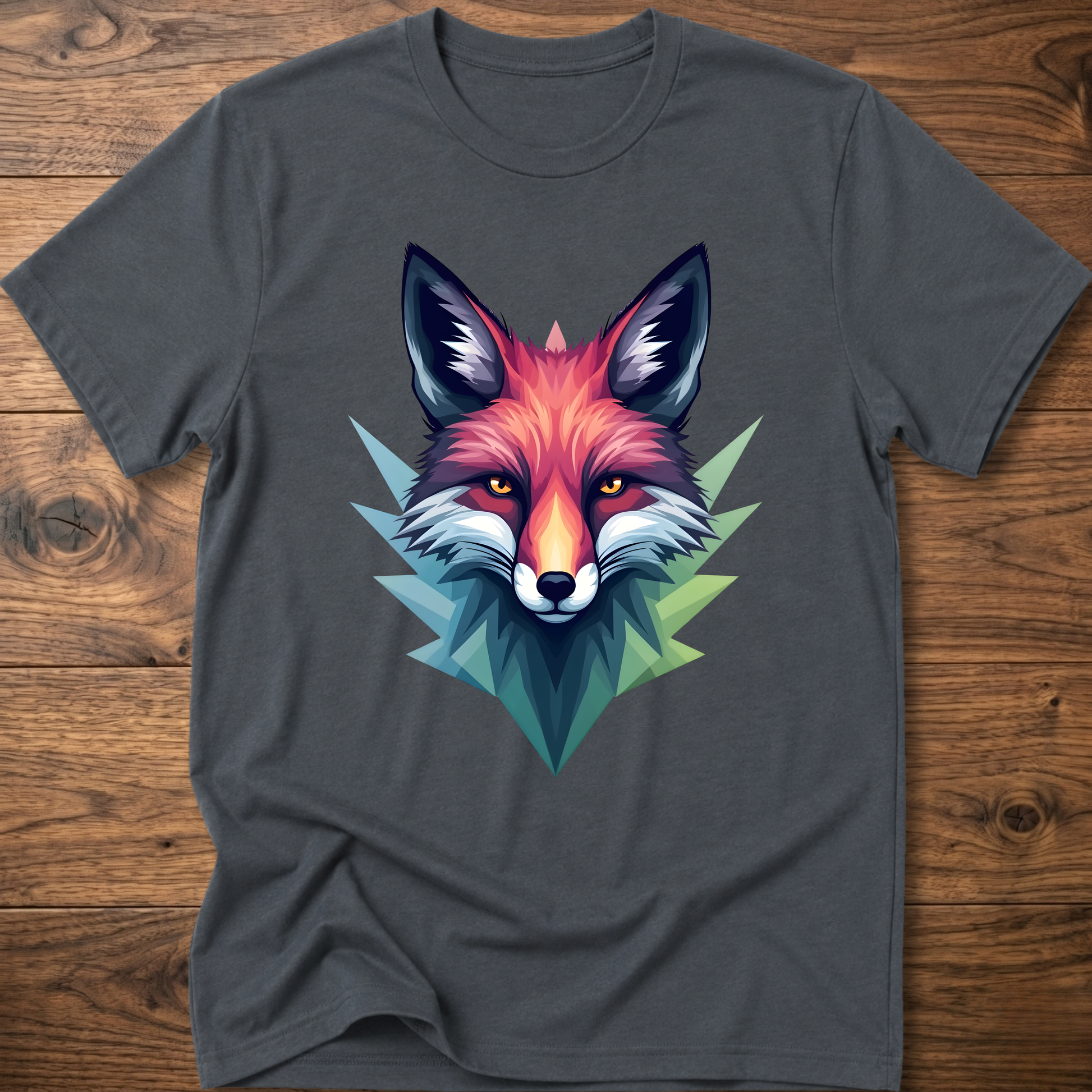Dark gray crewneck T-shirt with colorful fox head graphic in a geometric triangle