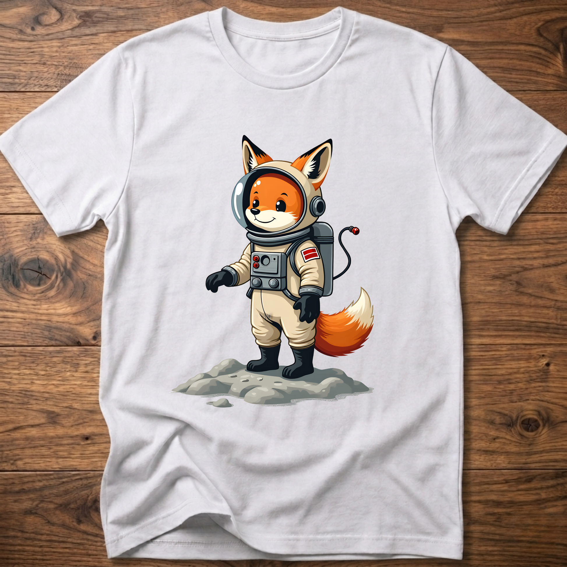 White astronaut fox graphic t-shirt with space suit helmet and backpack design