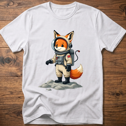 White astronaut fox graphic t-shirt with space suit helmet and backpack design