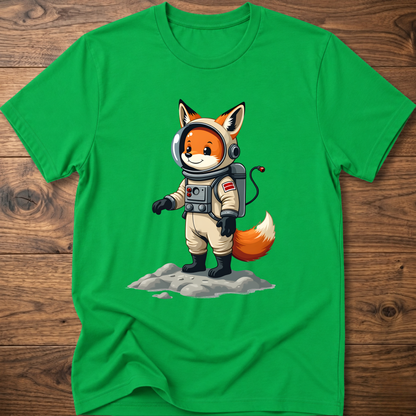 Green astronaut fox graphic t-shirt with crew helmet and space suit design