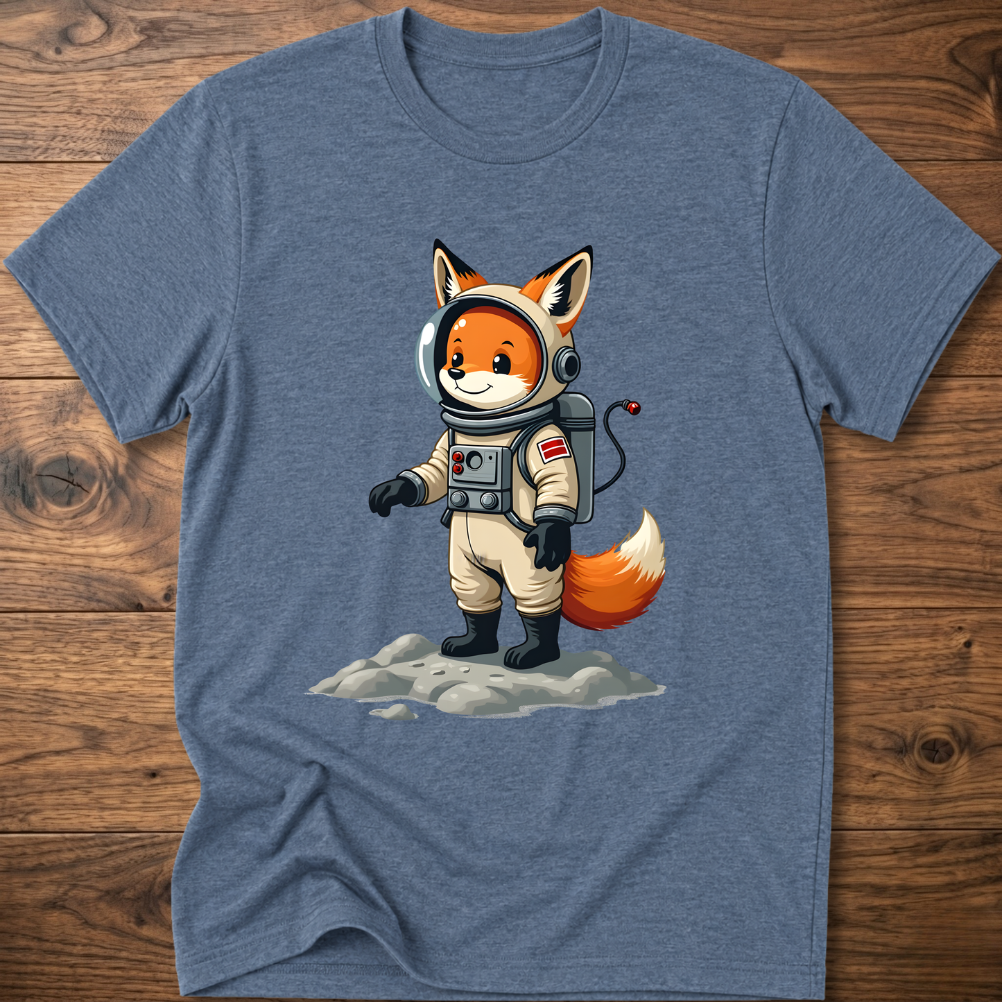 Heather blue astronaut fox graphic t-shirt with crew helmet and space suit design
