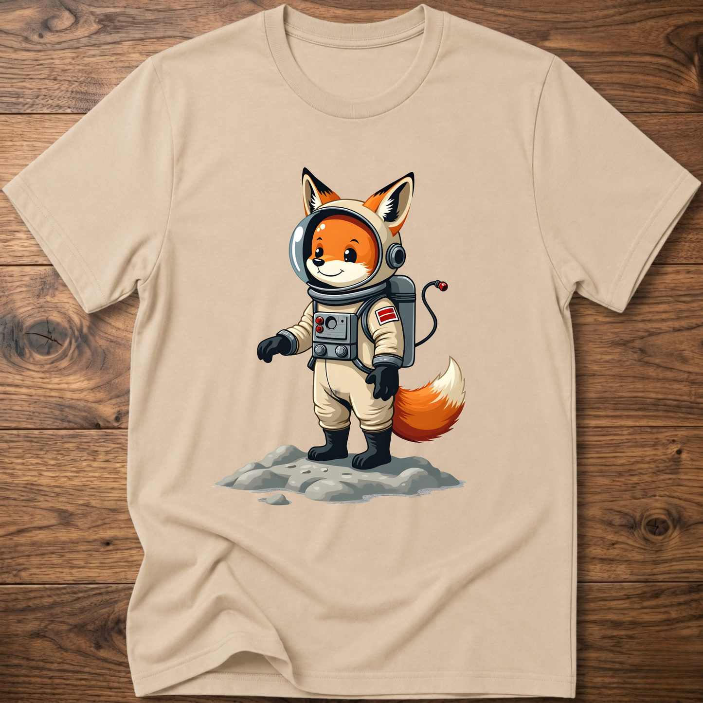 Sand astronaut fox graphic t-shirt with crew helmet and space suit design