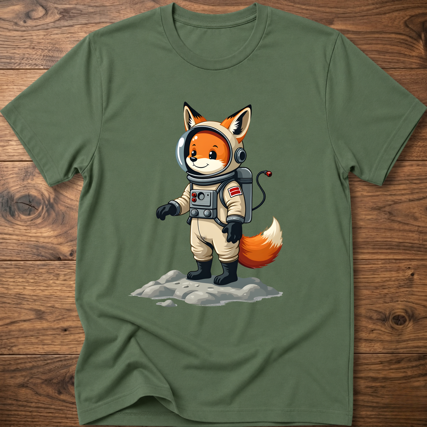 Dark green astronaut fox graphic t-shirt with crew helmet and space suit design