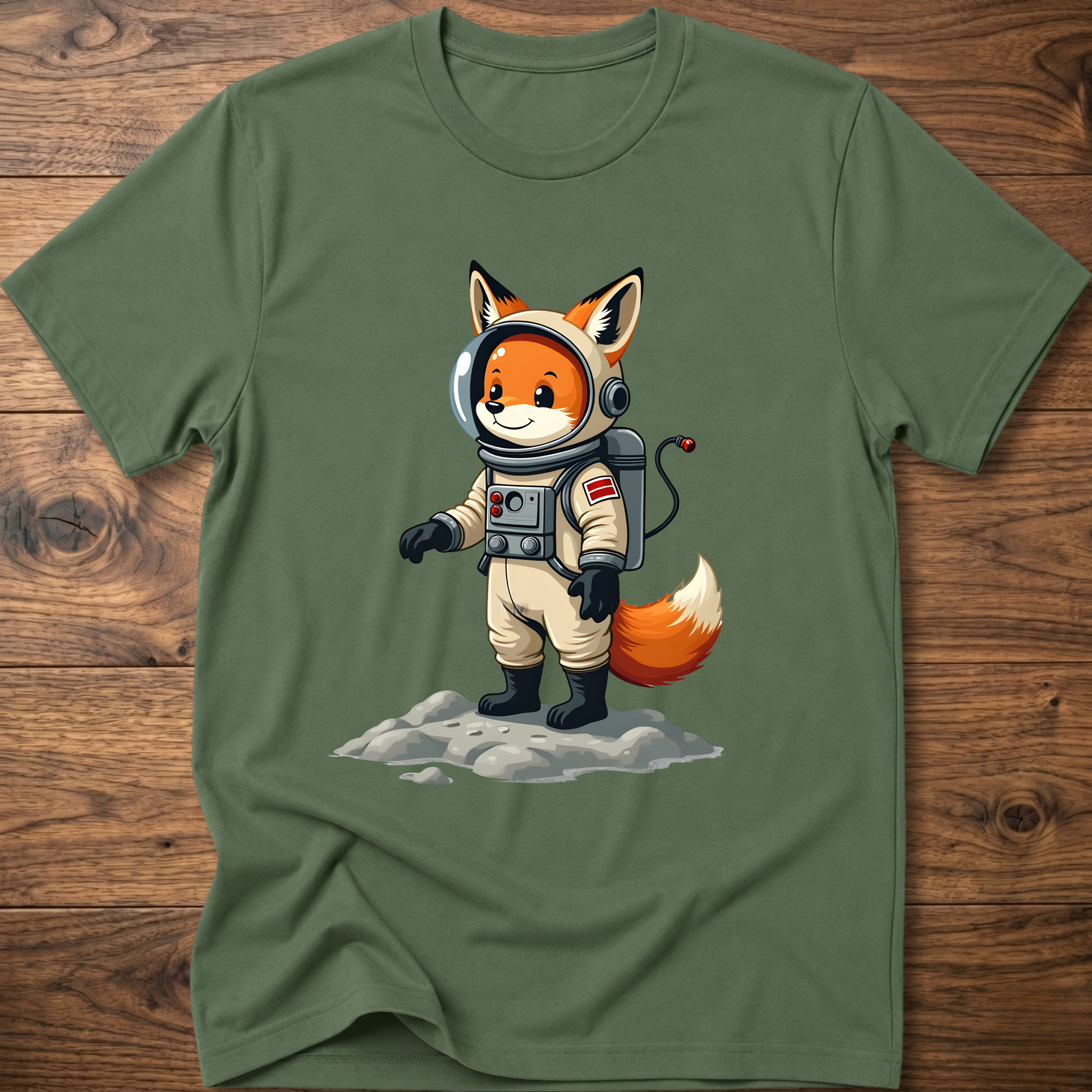 Dark green astronaut fox graphic t-shirt with crew helmet and space suit design