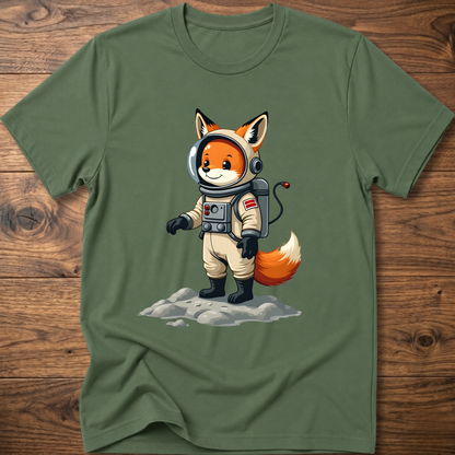 Dark green astronaut fox graphic t-shirt with crew helmet and space suit design