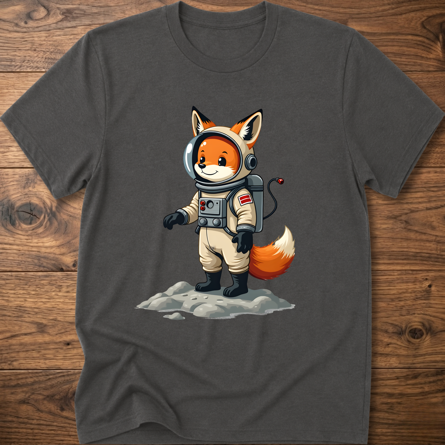 Charcoal astronaut fox graphic t-shirt with crew helmet and space suit design