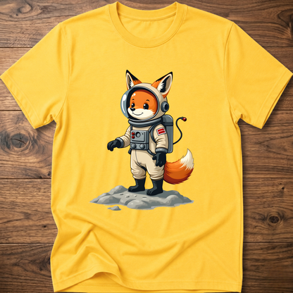 Yellow astronaut fox graphic t-shirt with crew helmet and space suit design