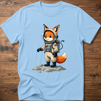 Light blue astronaut fox graphic t-shirt with crew helmet and space suit design