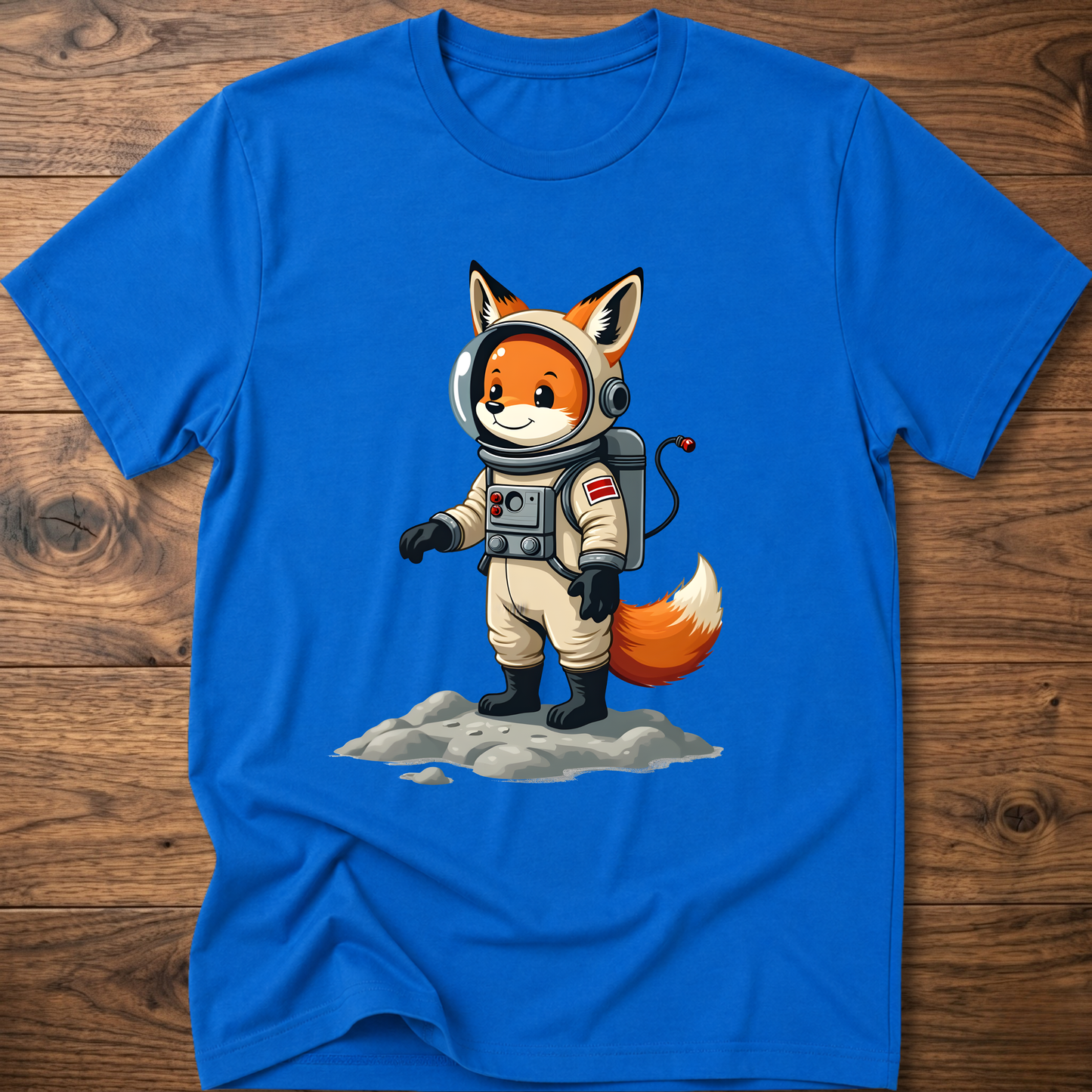 Royal blue astronaut fox graphic t-shirt with crew helmet and space suit design