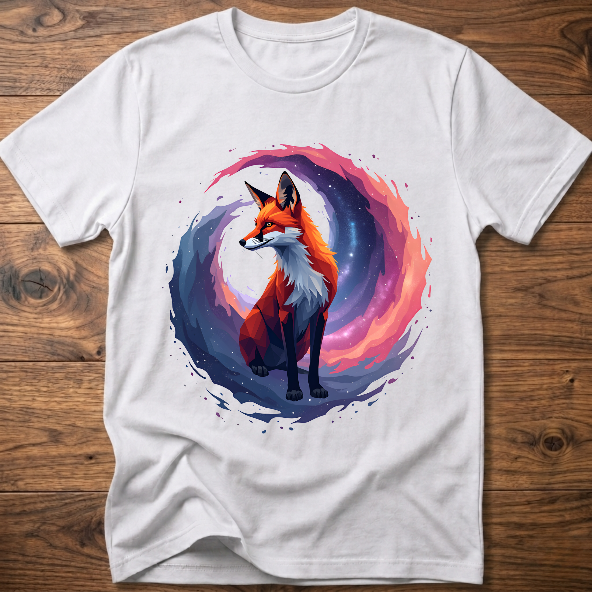 White graphic fox T-shirt with colorful nebula-style circle print