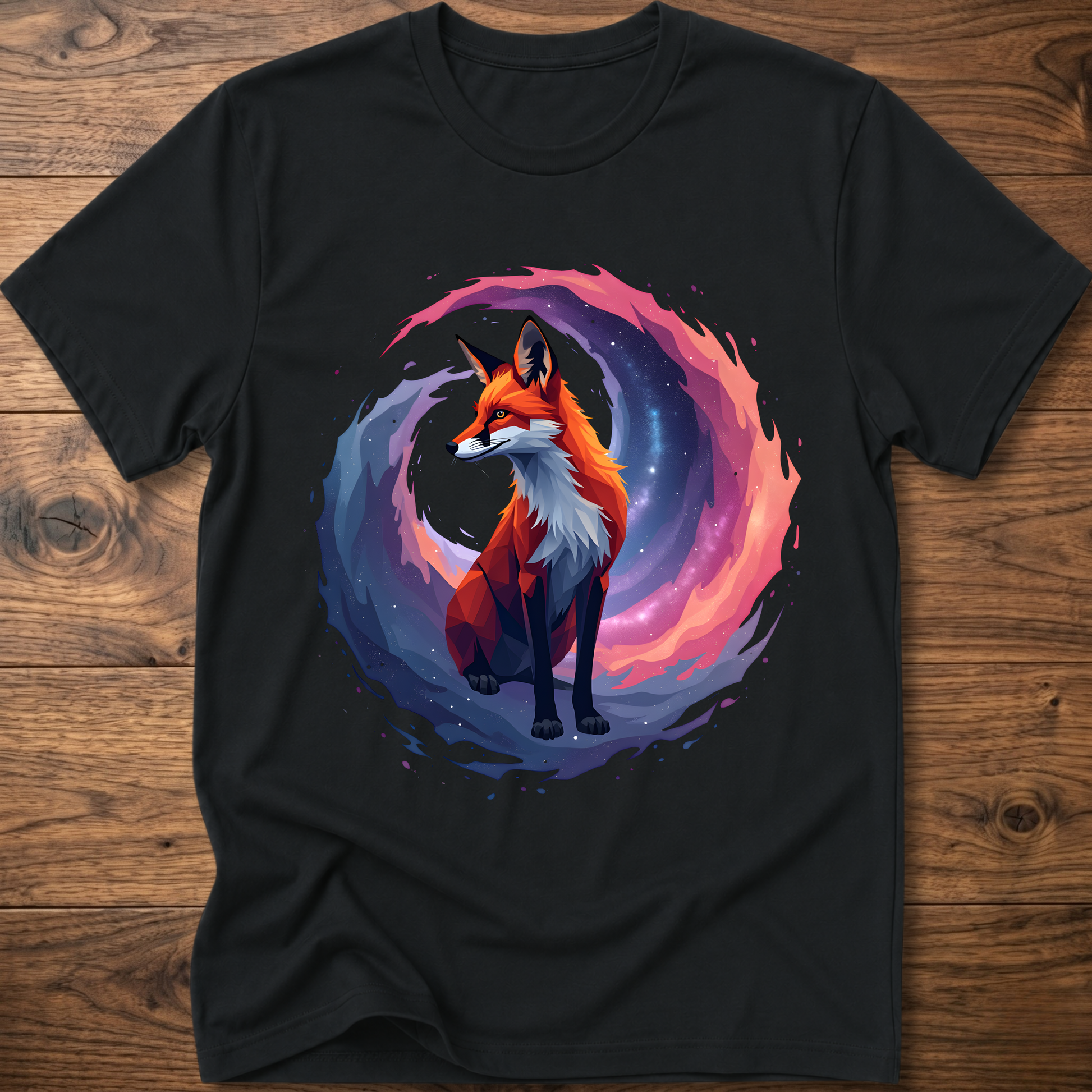 Black graphic fox T-shirt with colorful nebula-style circle print