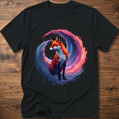 Black graphic fox T-shirt with colorful nebula-style circle print