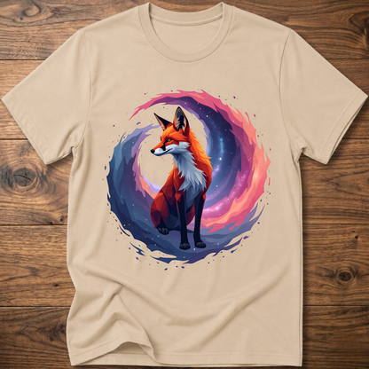 Sand/beige graphic fox T-shirt with colorful nebula-style circle print