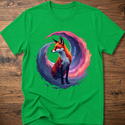 Irish green graphic fox T-shirt with colorful nebula-style circle print