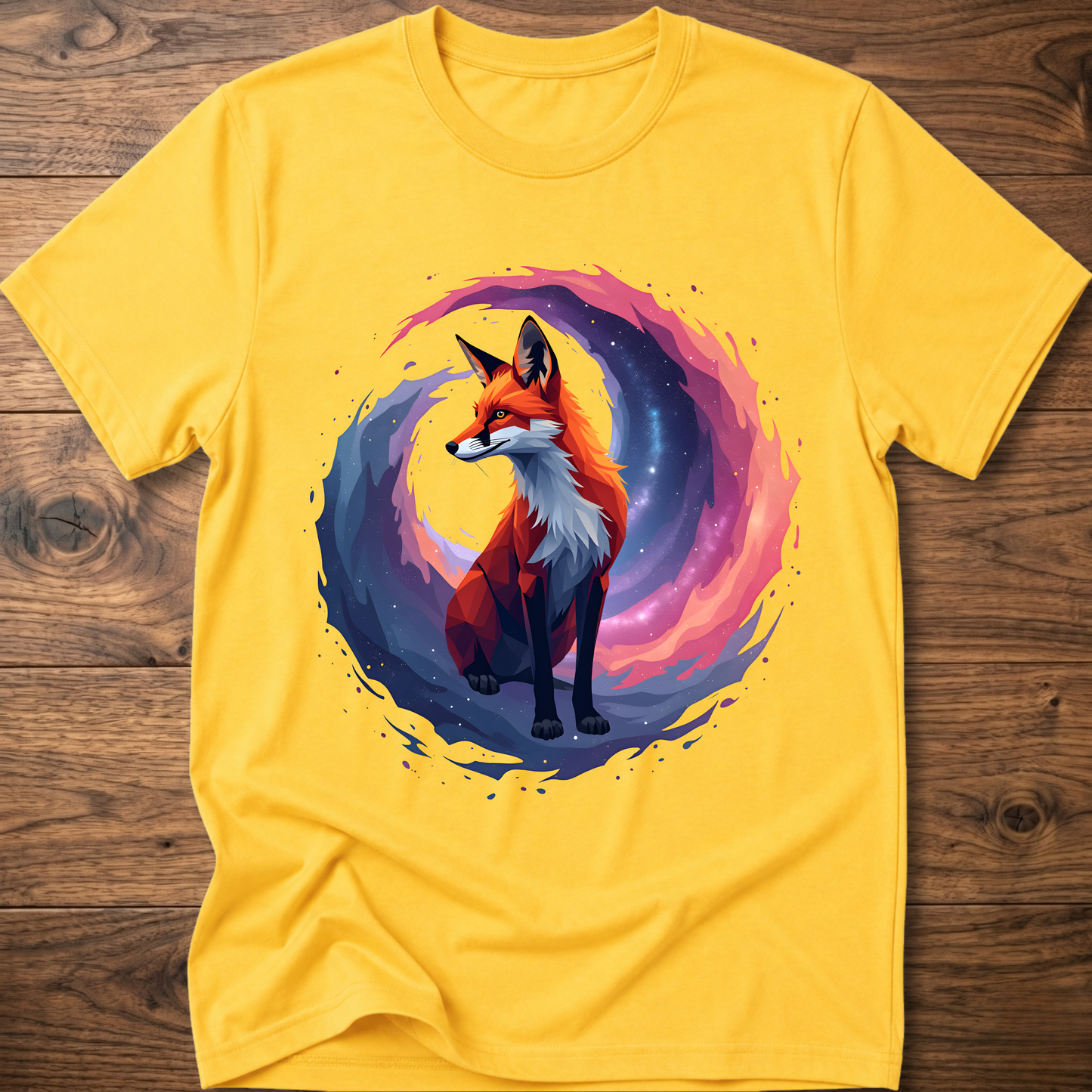 Daisy yellow graphic fox T-shirt with colorful nebula-style circle print