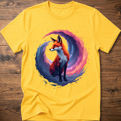 Daisy yellow graphic fox T-shirt with colorful nebula-style circle print