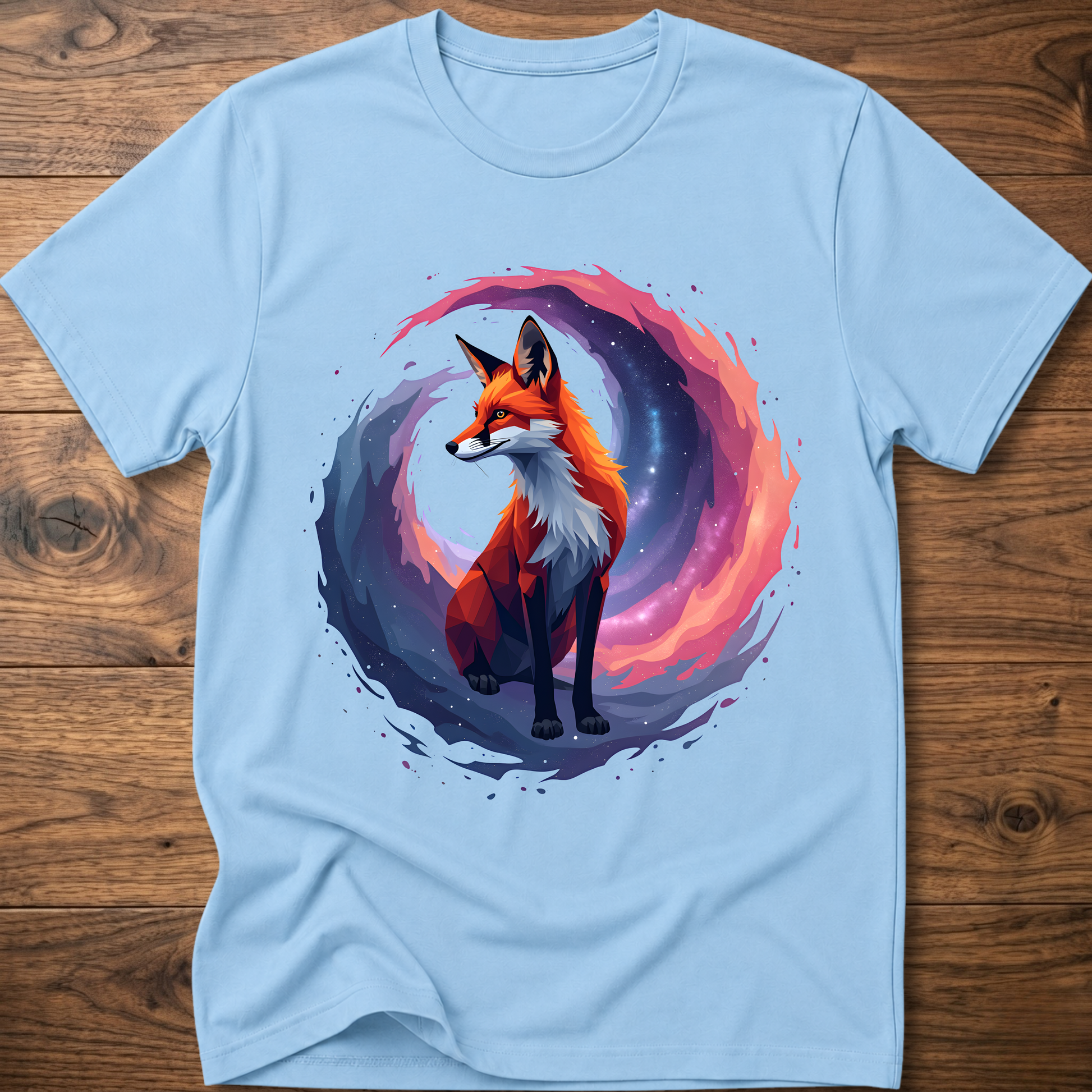 Light blue graphic fox T-shirt with colorful nebula-style circle print
