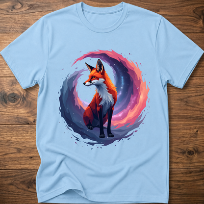 Light blue graphic fox T-shirt with colorful nebula-style circle print