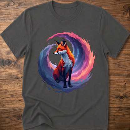 Charcoal gray graphic fox T-shirt with colorful nebula-style circle print