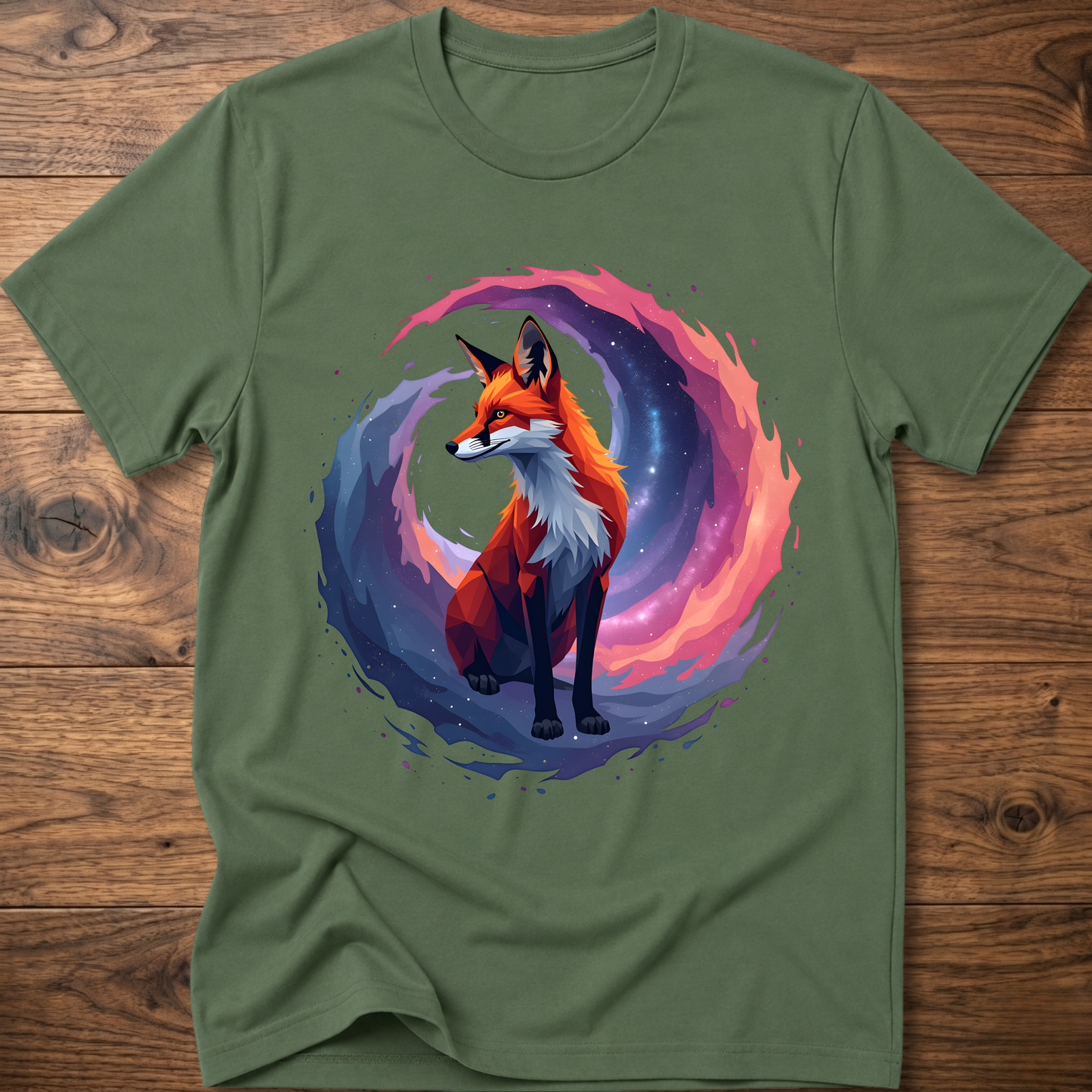 Military green graphic fox T-shirt with colorful nebula-style circle print
