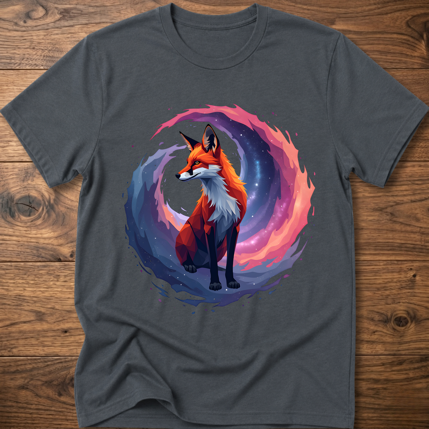 Dark gray graphic fox T-shirt with colorful nebula-style circle print