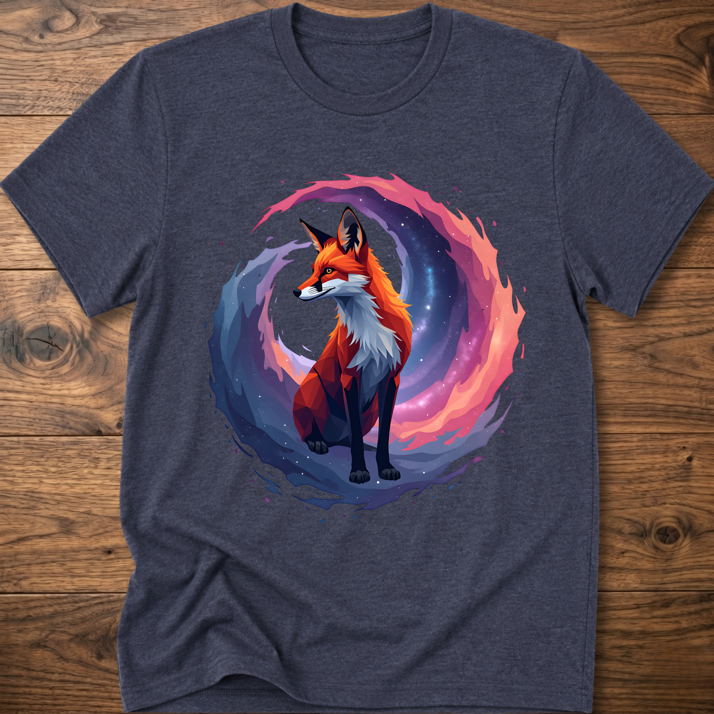 Heather navy graphic fox T-shirt with colorful nebula-style circle print