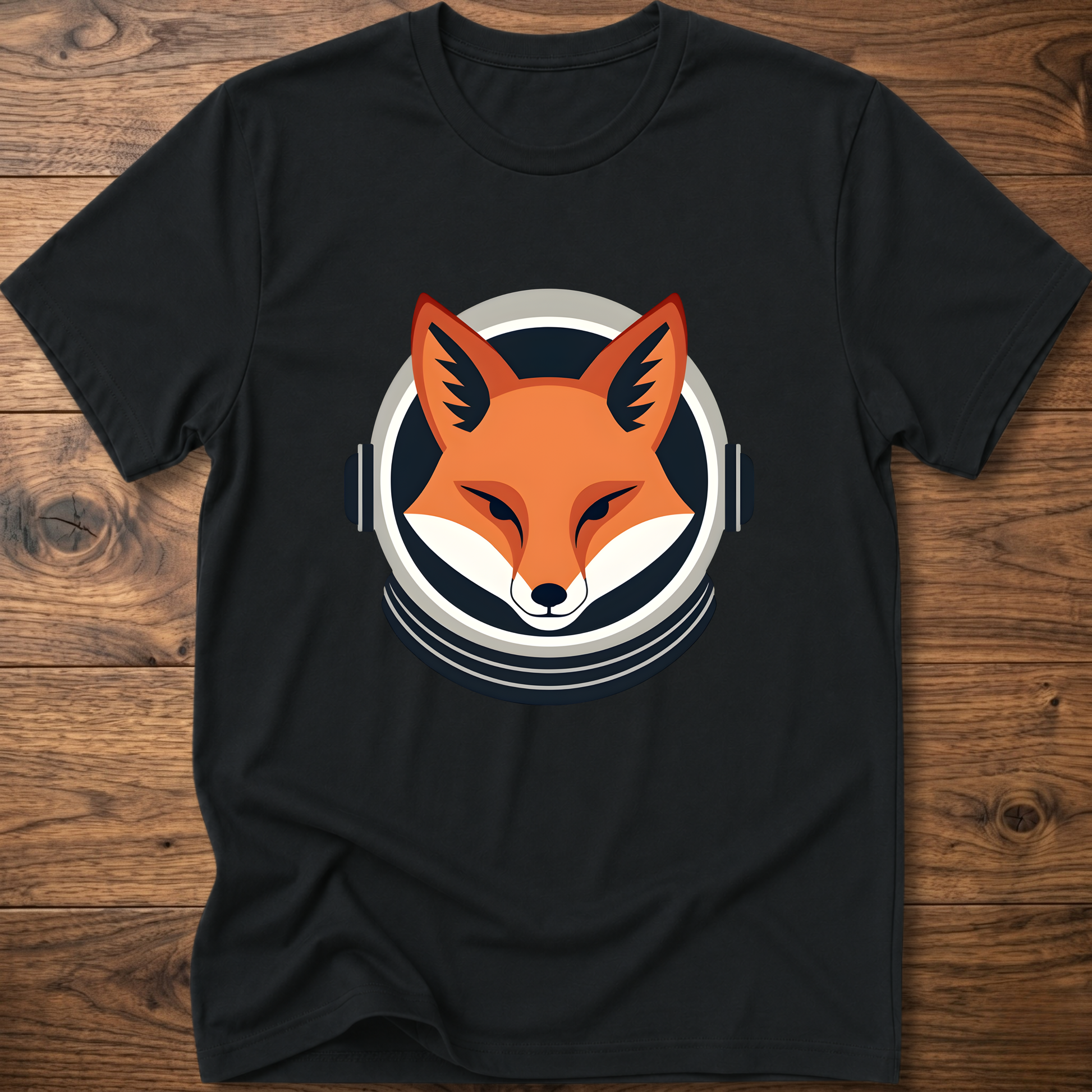 Black fox head graphic T-shirt with over-ear headphones print on chest
