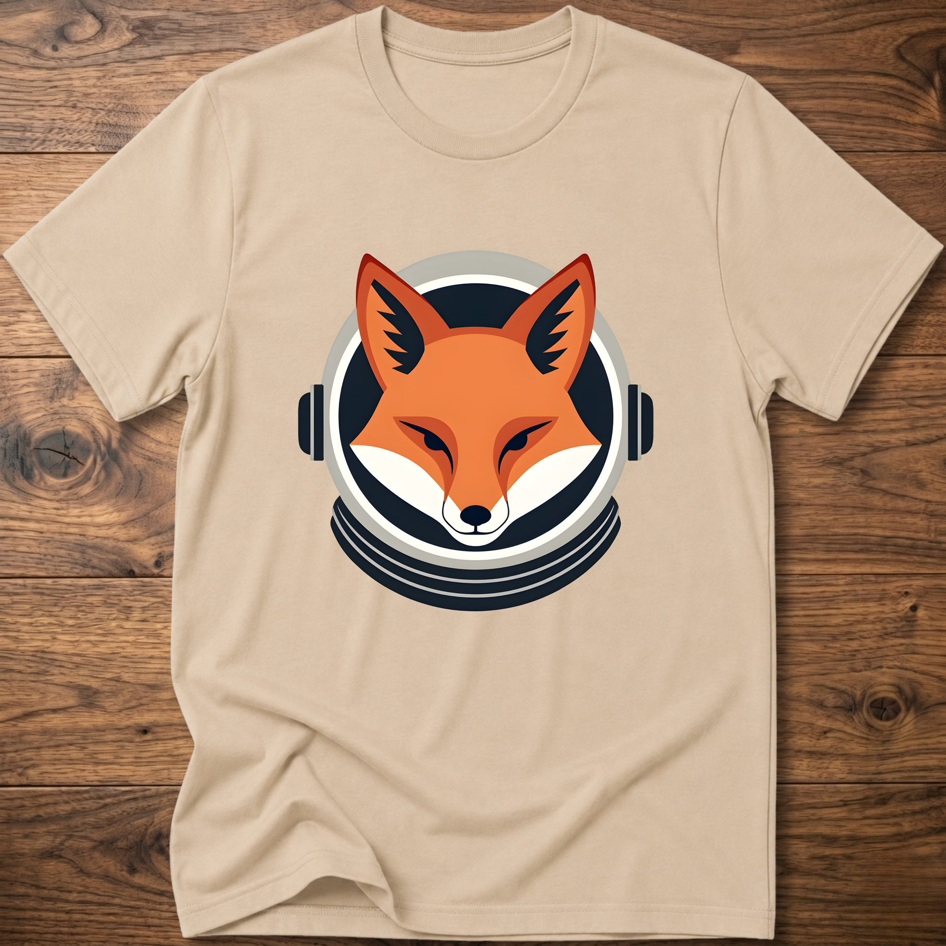 Sand beige fox head graphic T-shirt with over-ear headphones print on chest