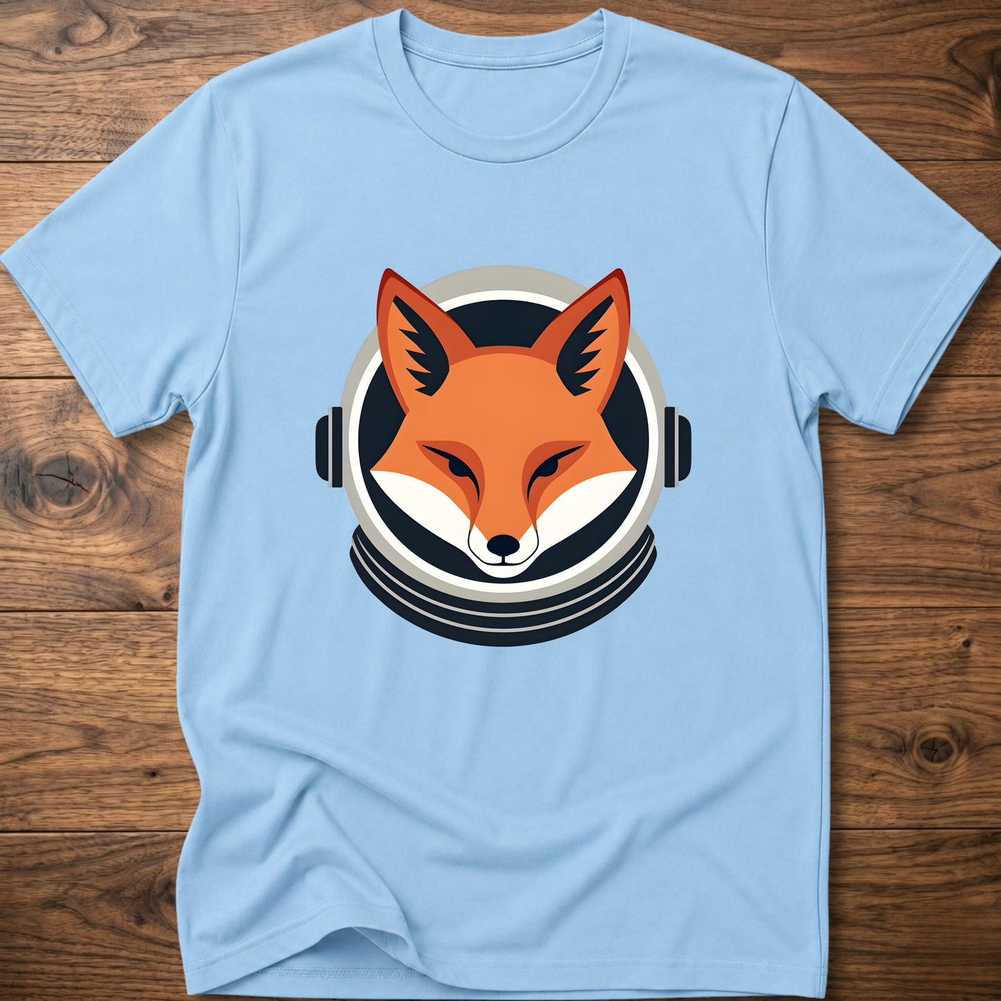 Light blue fox head graphic T-shirt with over-ear headphones print on chest