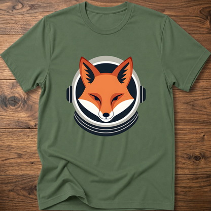 Olive green fox head graphic T-shirt with over-ear headphones print on chest