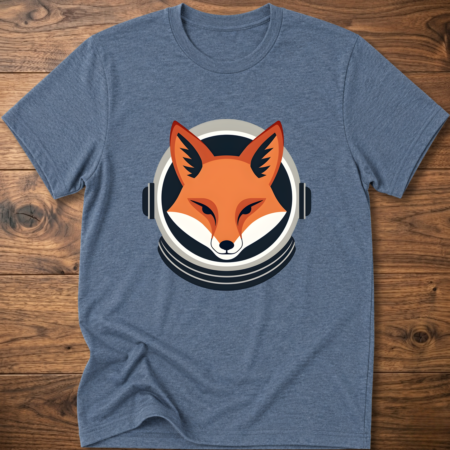 Heather blue fox head graphic T-shirt with over-ear headphones print on chest