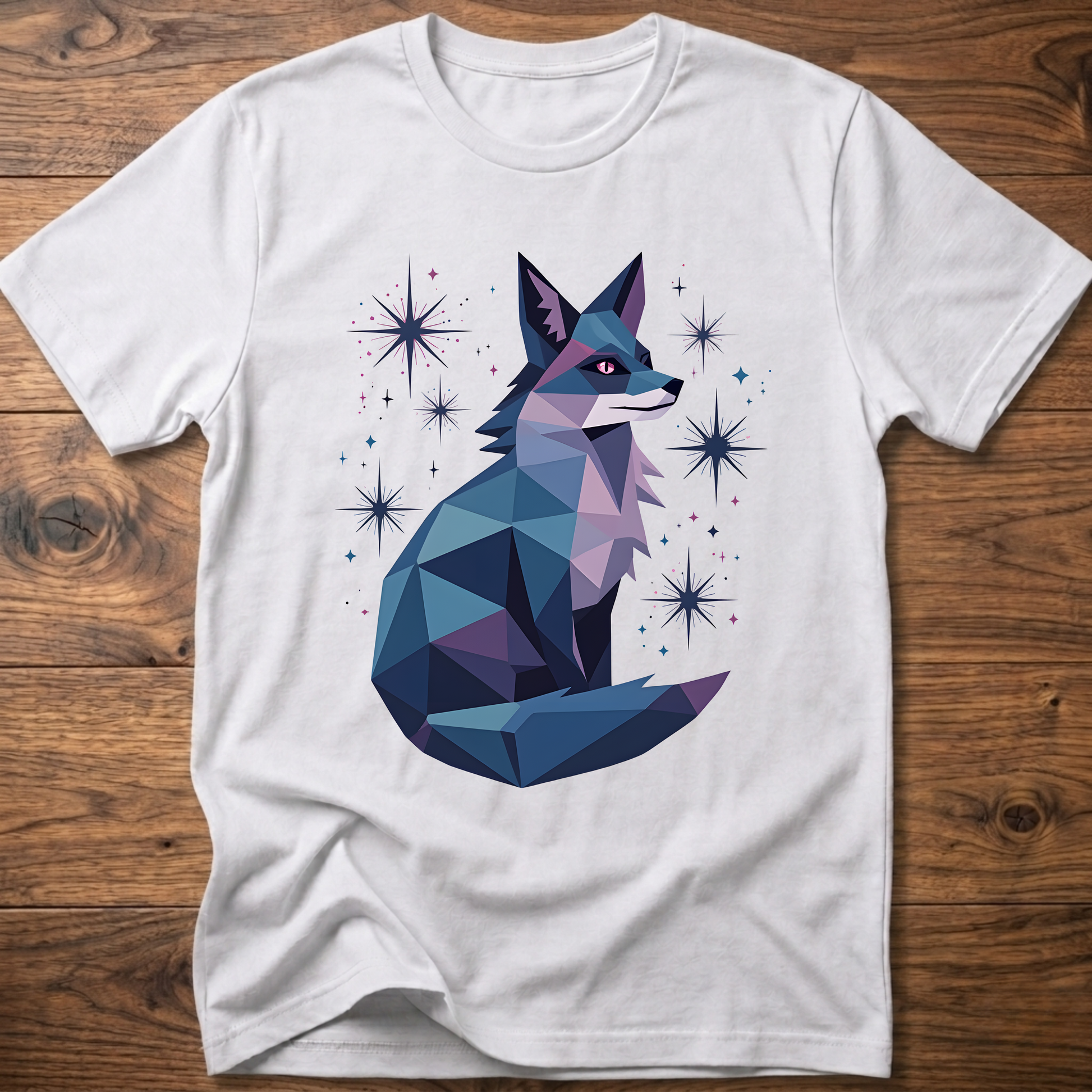 White T-shirt with geometric fox graphic and starburst sparkles