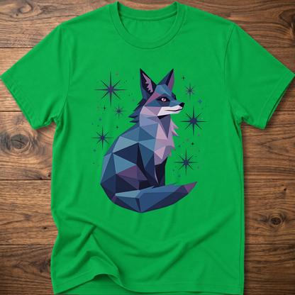 Green T-shirt with geometric fox graphic and starburst sparkles