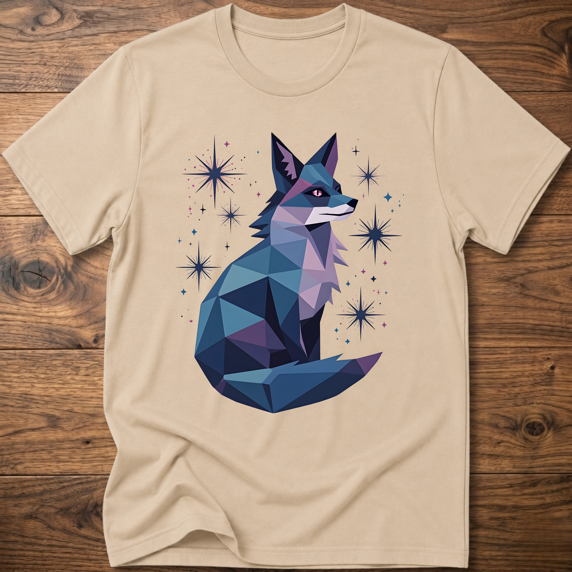 Sand T-shirt with geometric fox graphic and starburst sparkles