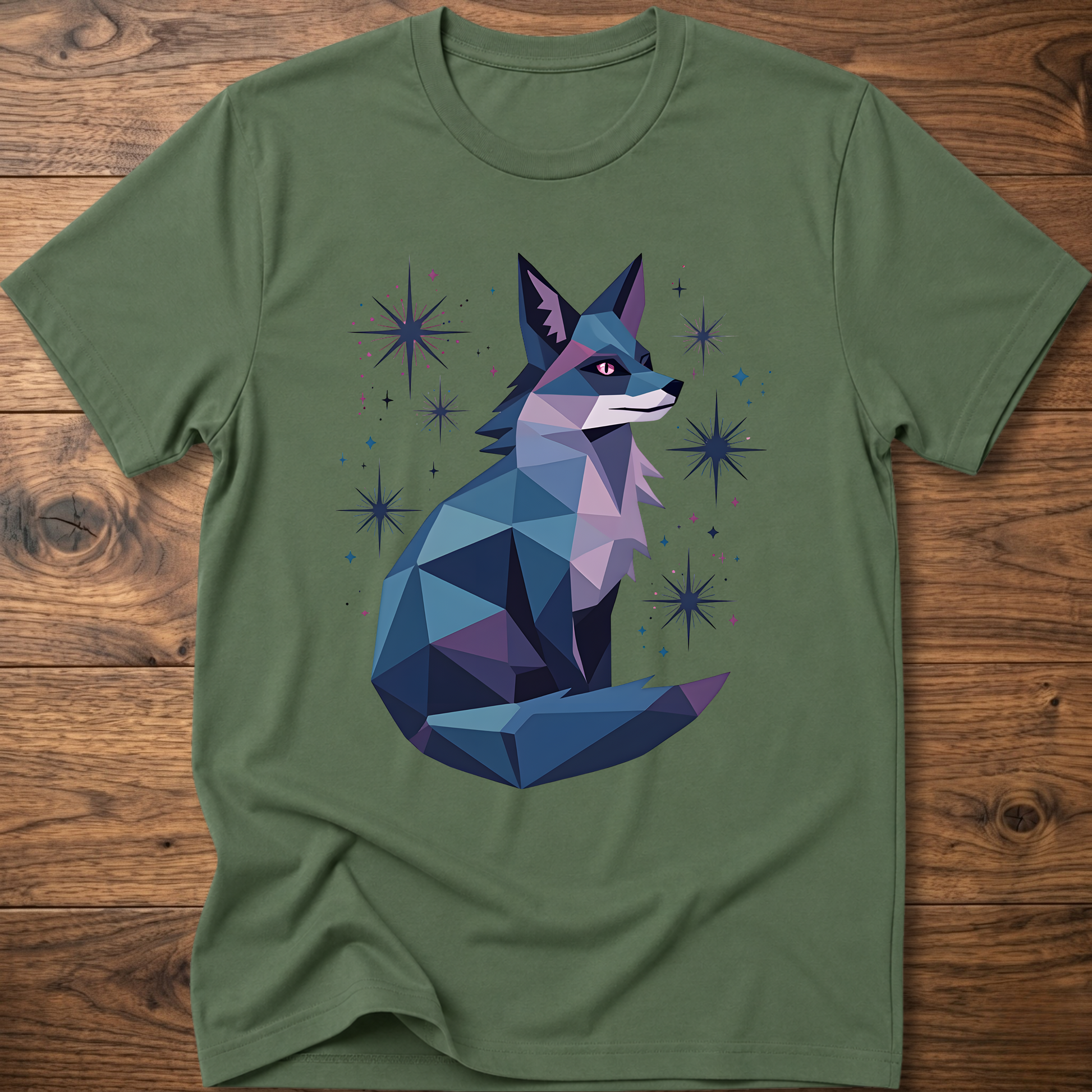 Military green T-shirt with geometric fox graphic and starburst sparkles