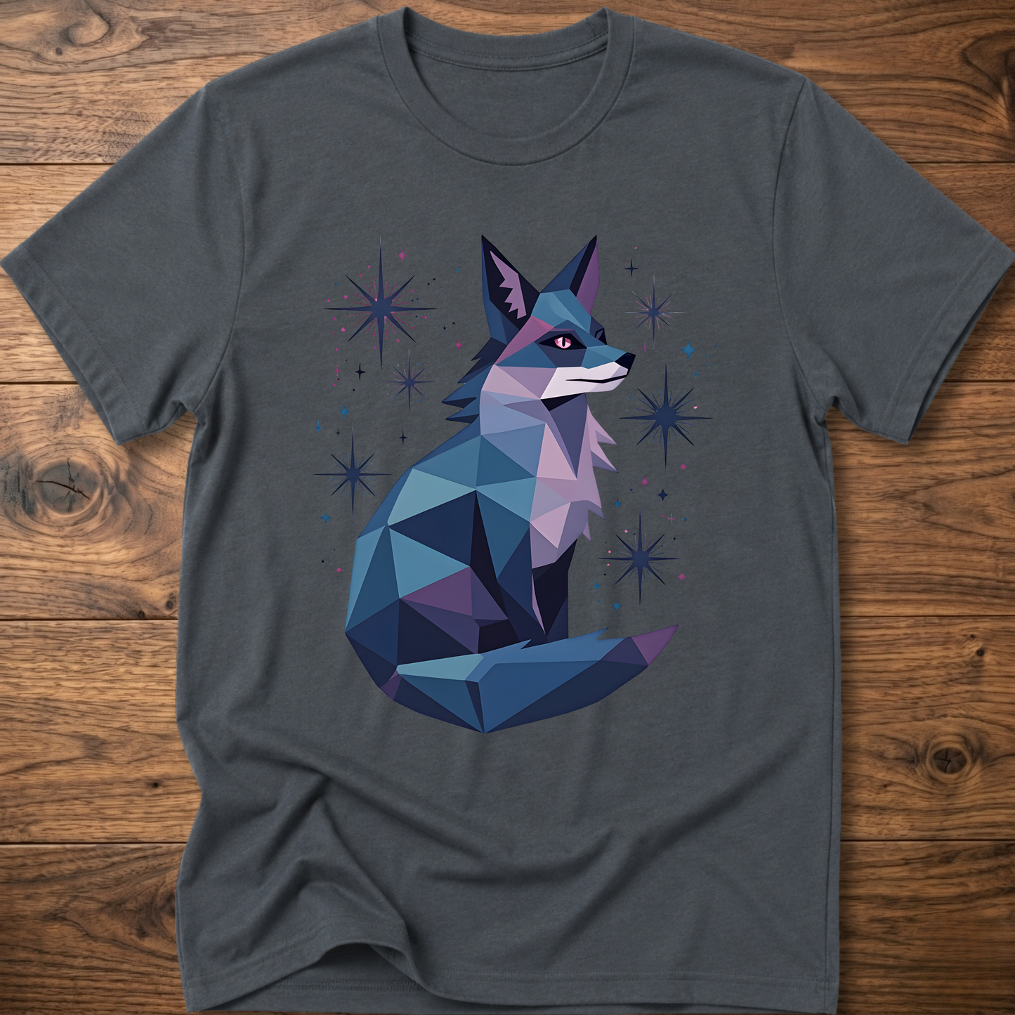 Dark heather T-shirt with geometric fox graphic and starburst sparkles