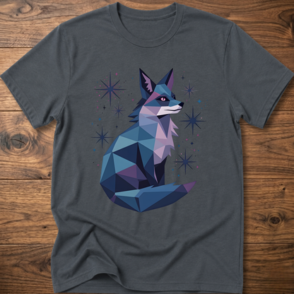 Dark heather T-shirt with geometric fox graphic and starburst sparkles