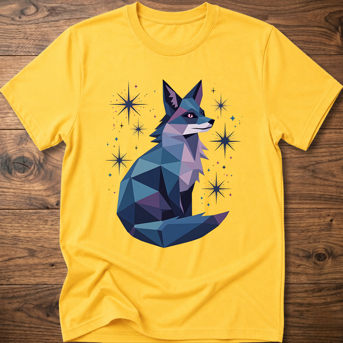 Yellow T-shirt with geometric fox graphic and starburst sparkles