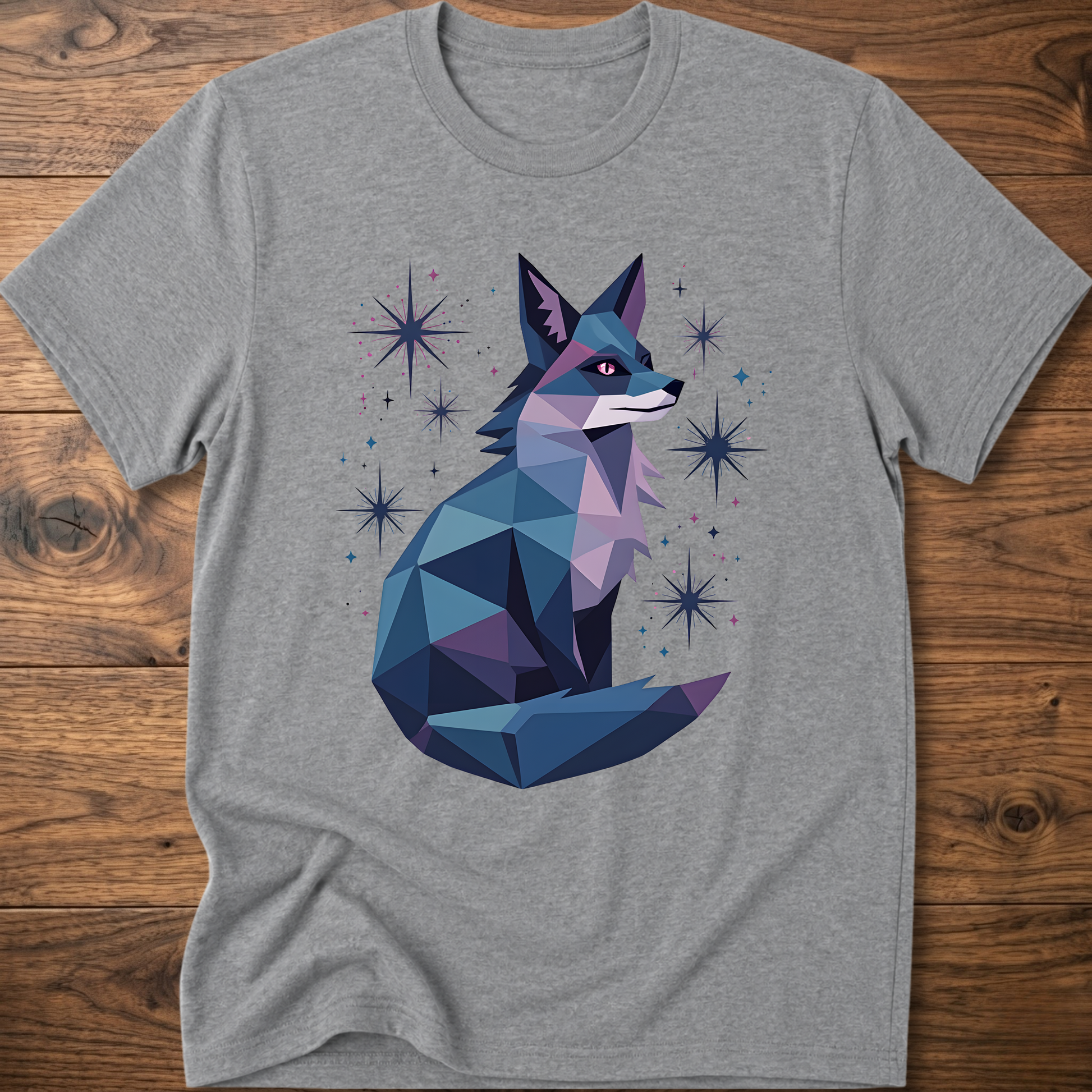 Sport gray T-shirt with geometric fox graphic and starburst sparkles